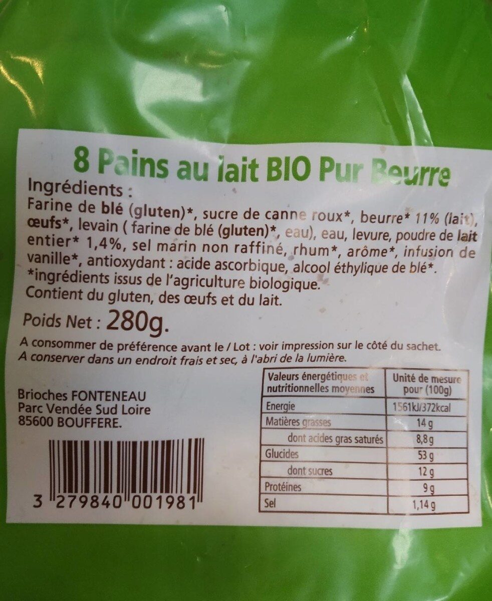 Pains au lait pur beurre Bio - Información nutricional - fr