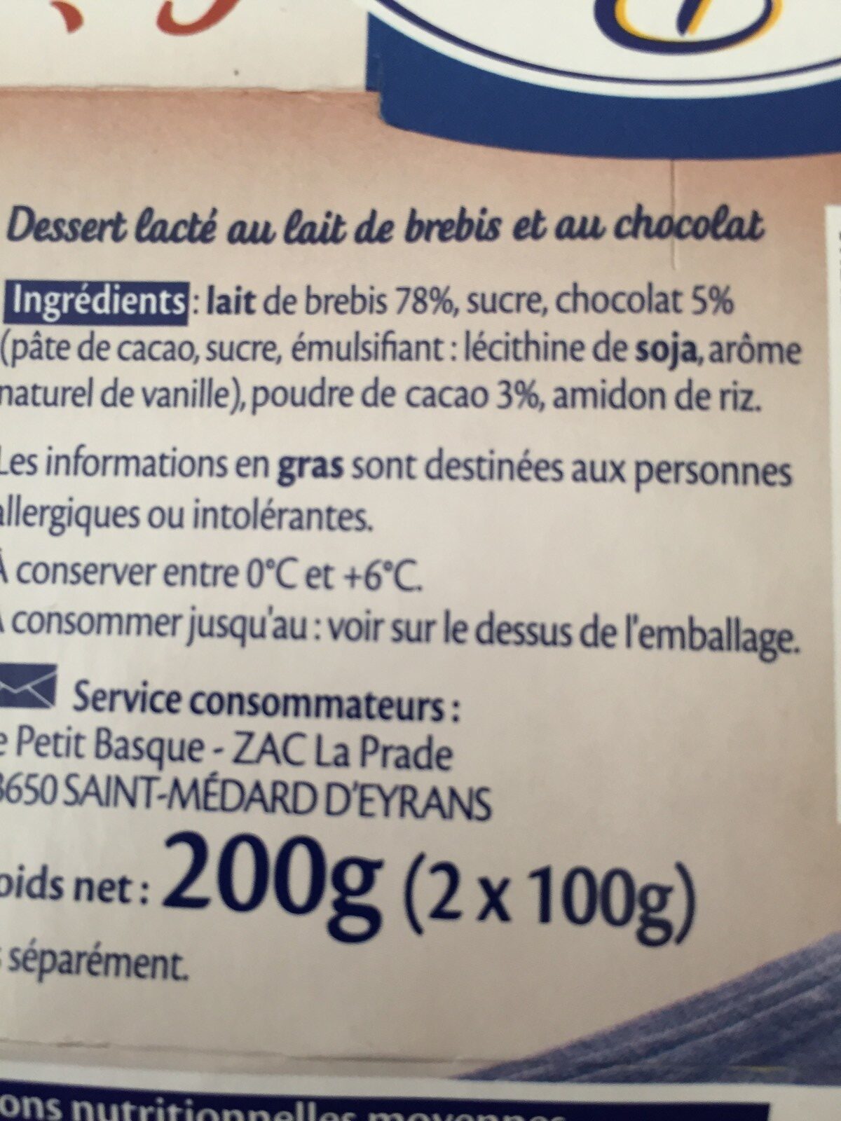 Crème au chocolat - Ingrédients