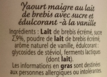 Yaourt 0% mg vanille - Ingrédients