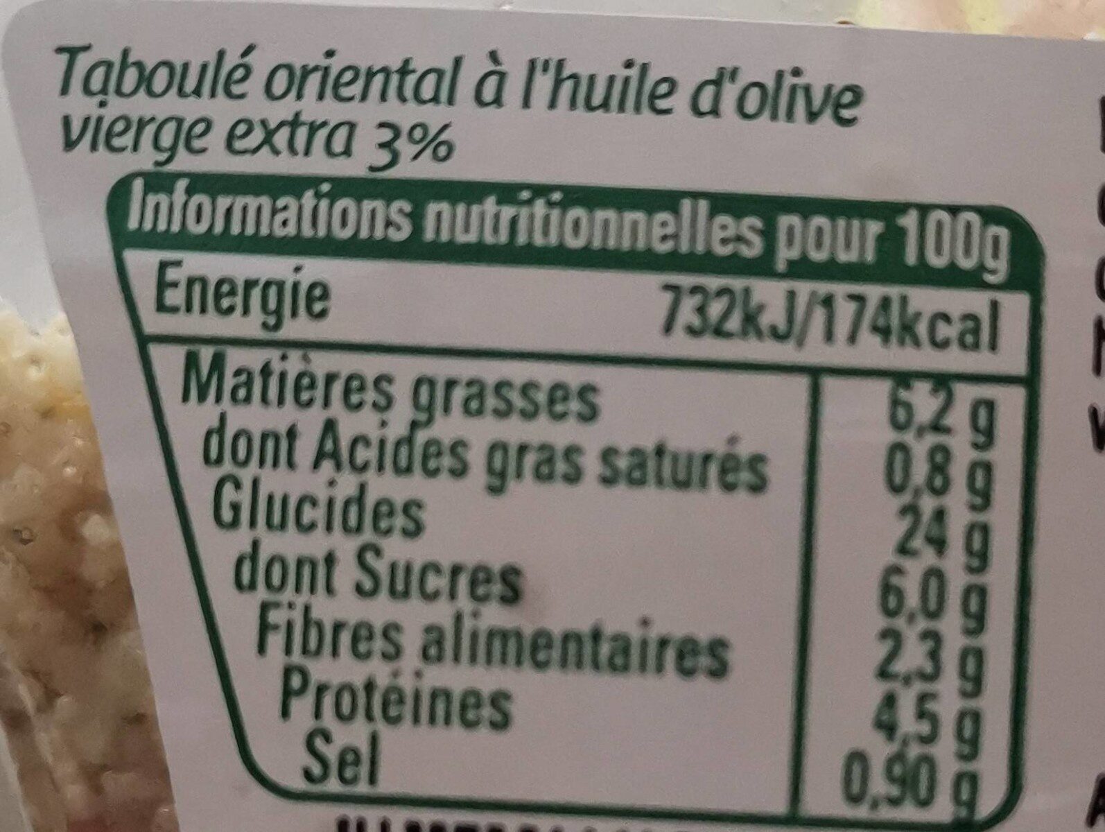 Mon Taboulé Oriental - Tableau nutritionnel