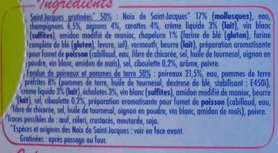 Saint-Jacques Gratinées*-Fondue de poireaux et pommes de terre, Surgelées - Ingredienser - fr