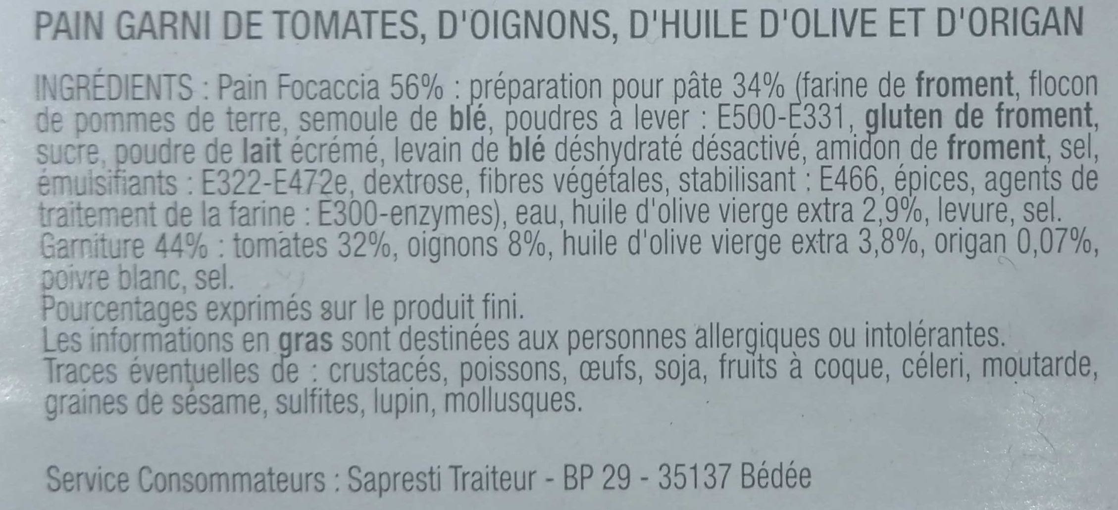 Focaccia Tomates Cerise, Oignons - المكونات - fr