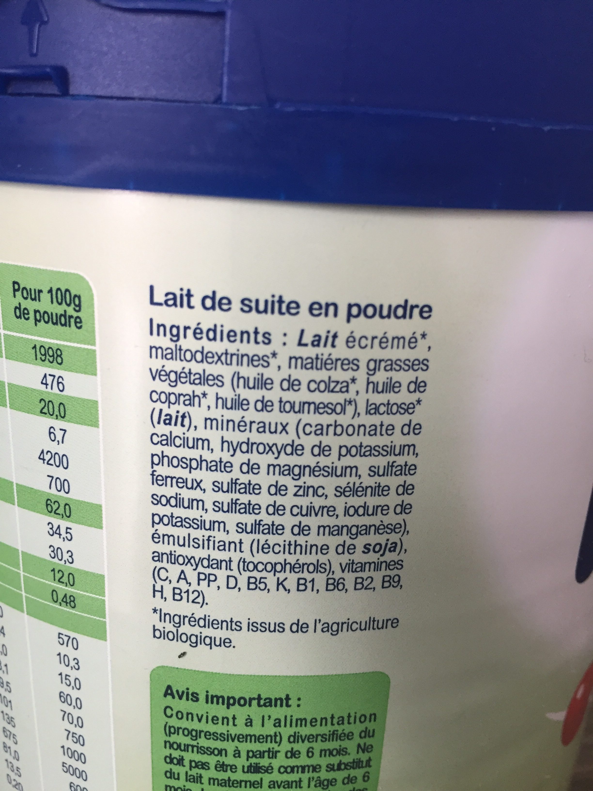 Milumel Bio 2ème âge - Ingrediënten - fr