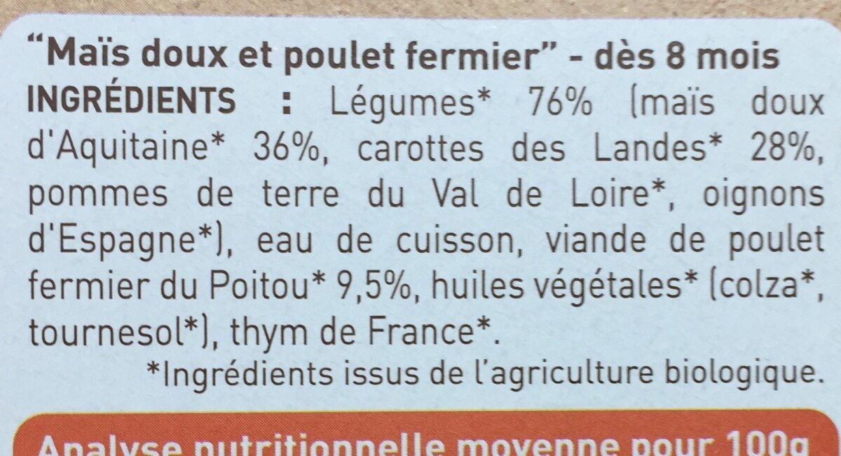 Petits pots au poulet et légumes, dès 8 mois, certifié AB - Ingredients - fr