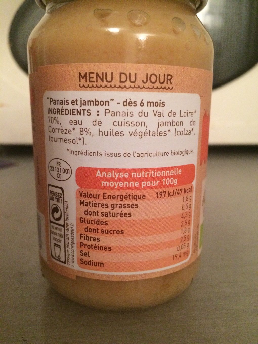 Petit pot panais jambon - Nutrition facts - fr