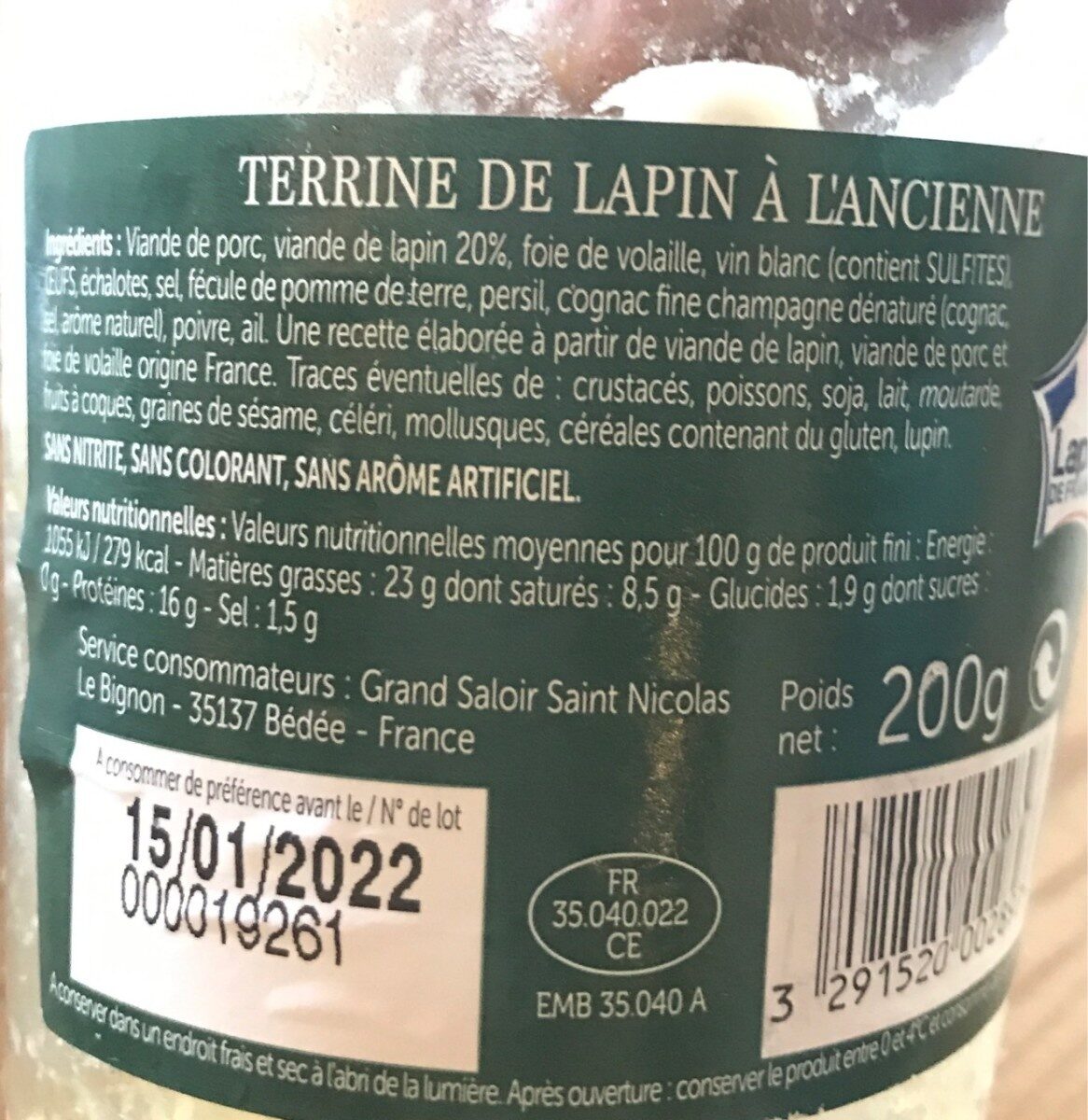 Terrine de Lapin à l'ancienne - Nutrition facts - fr
