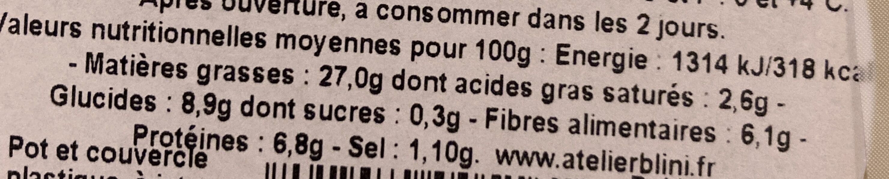 Houmous extra - Pois chiches français & graines de sésame - Tableau nutritionnel