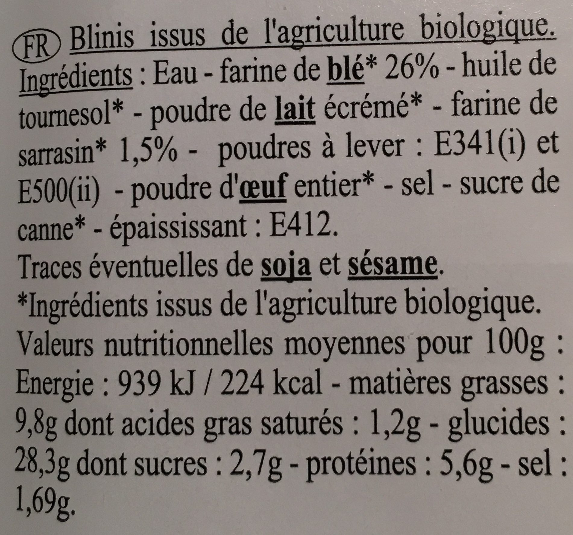 16 Blinis cocktail 135g BIO - Ingredients - fr