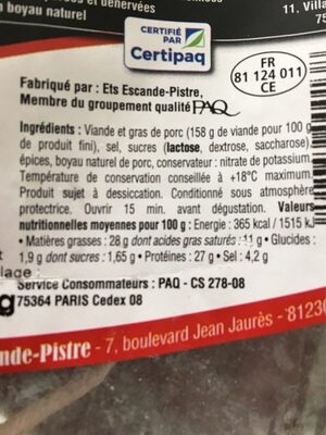 Lacaunaise saucisse sèche Label Rouge - Nutrition facts - fr