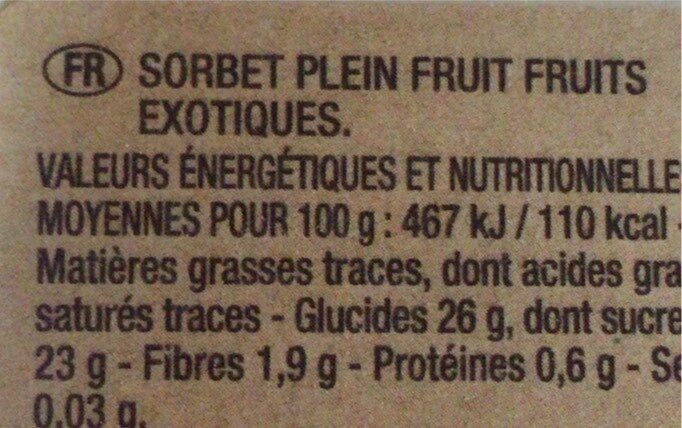 Sorbet Exotique passion Mangue Ananas - Tableau nutritionnel
