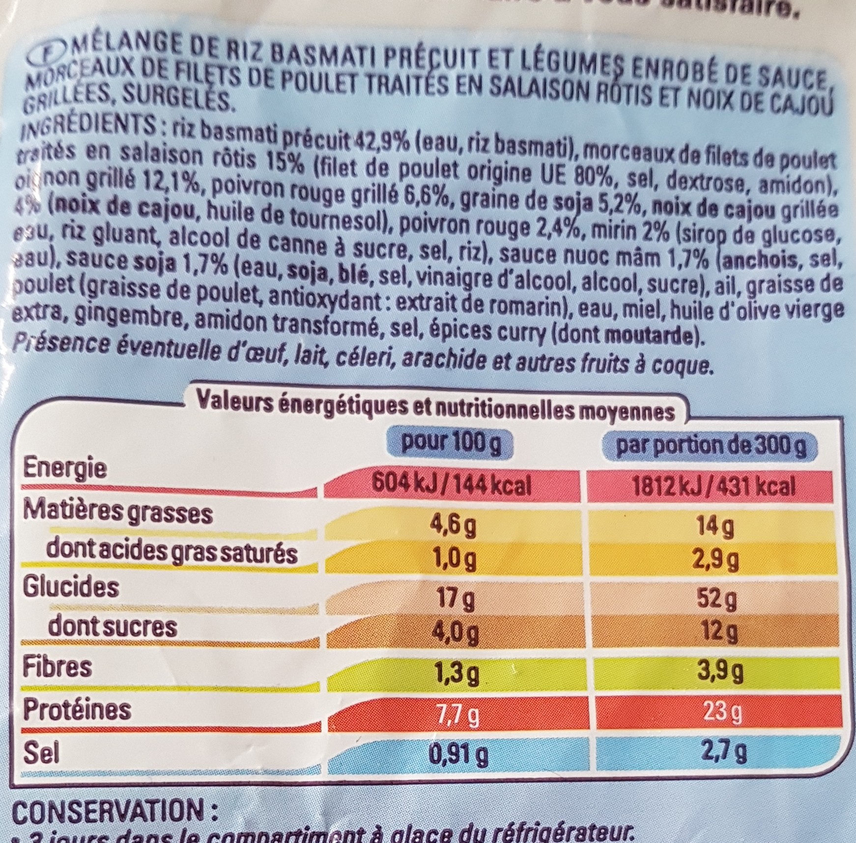 Poulet Aux Noix De Cajou Et Riz Basmati - Tableau nutritionnel