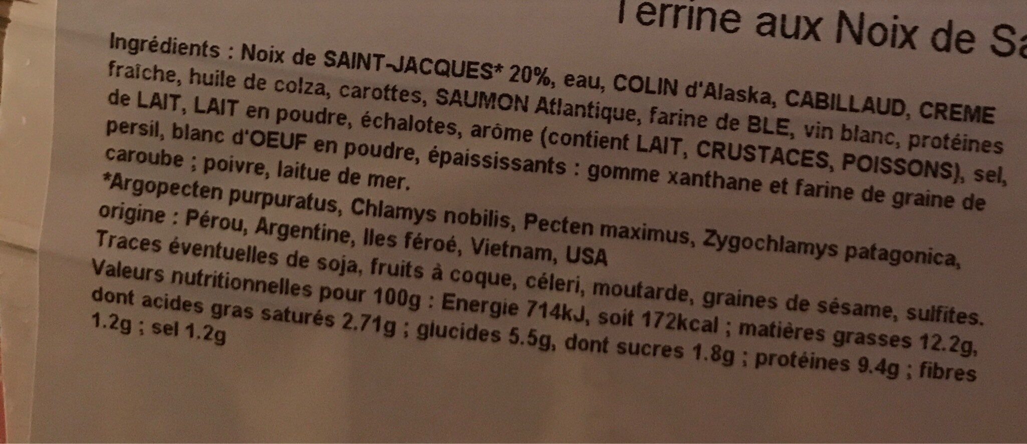 Terrine Noix de St Jacques - Tableau nutritionnel