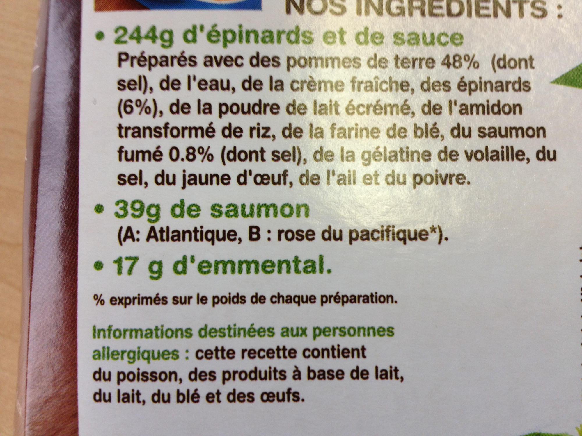 Gratin de pommes de terre saumon* épinards - Ingredients - fr