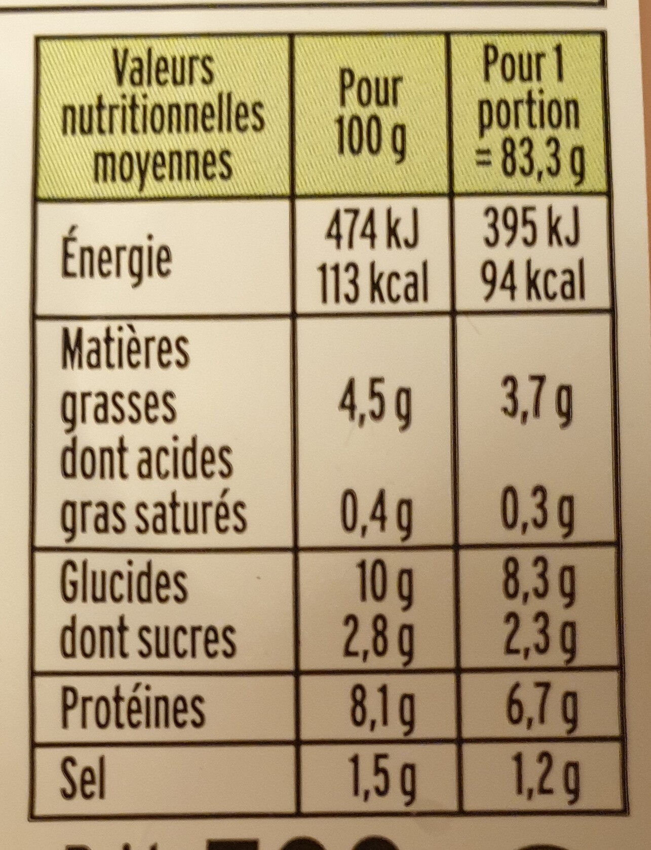 Le Moelleux - حقائق غذائية - fr