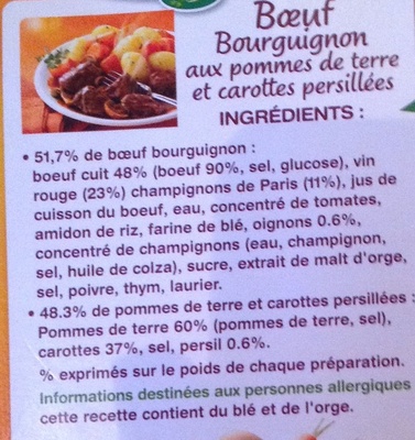 Bœuf Bourguignon aux pommes de terre et carottes persillées - Ingredients - fr