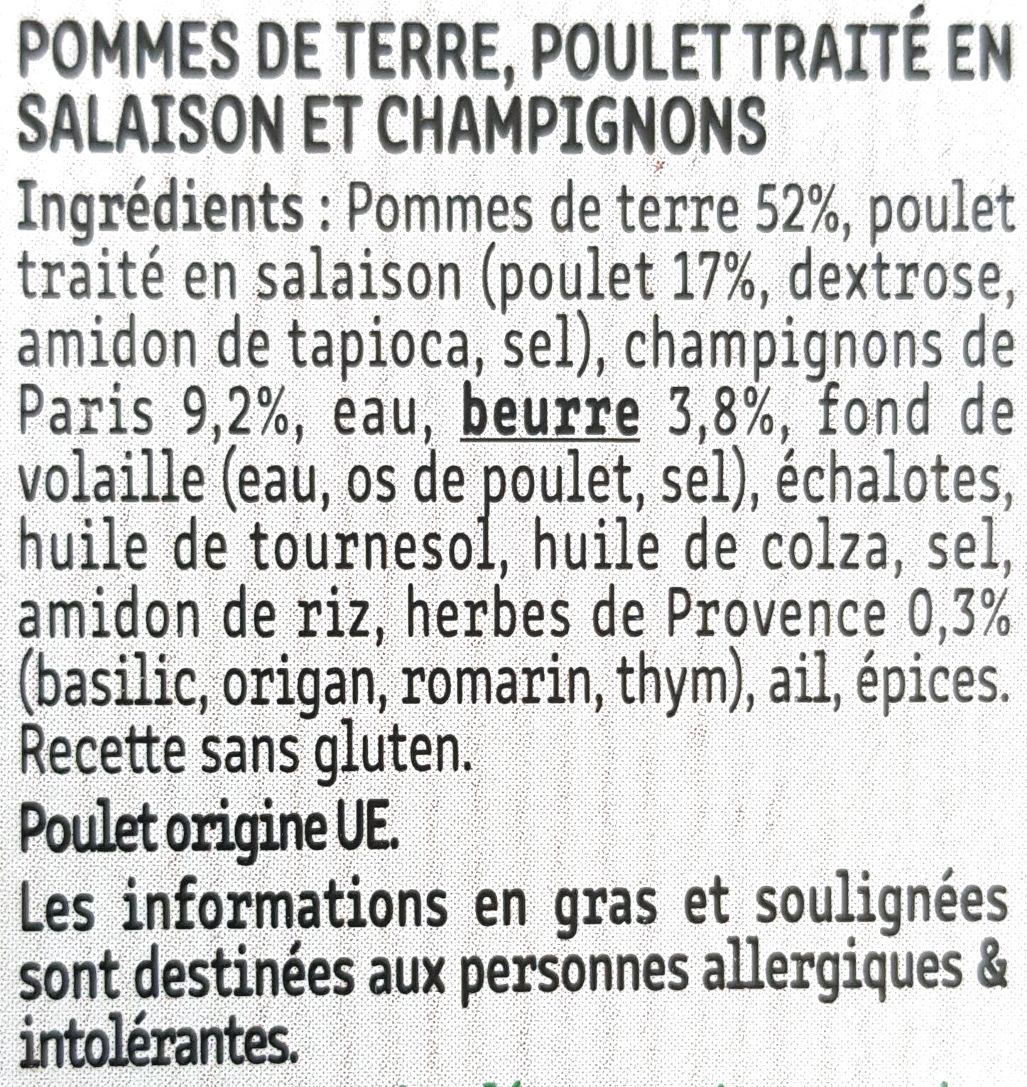 Les aiguillettes de poulet et ses pommes de terre champignons - Ingredientes - fr