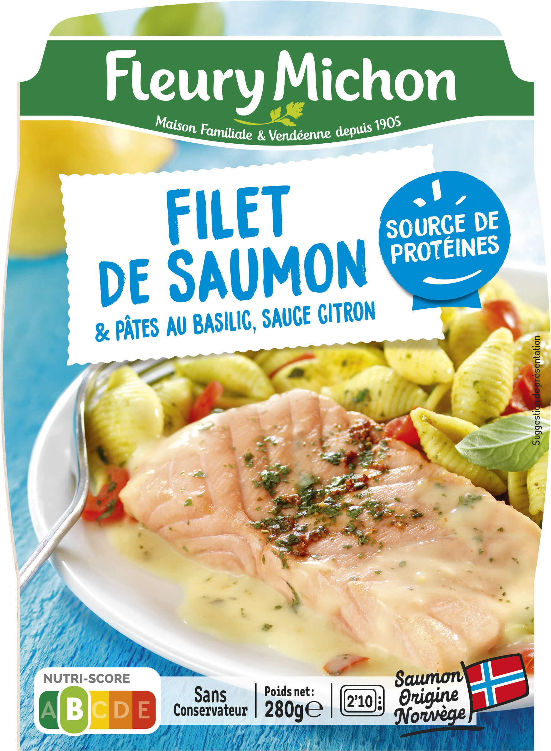 Filet de saumon & pâtes au basilic, sauce citron - Product - fr