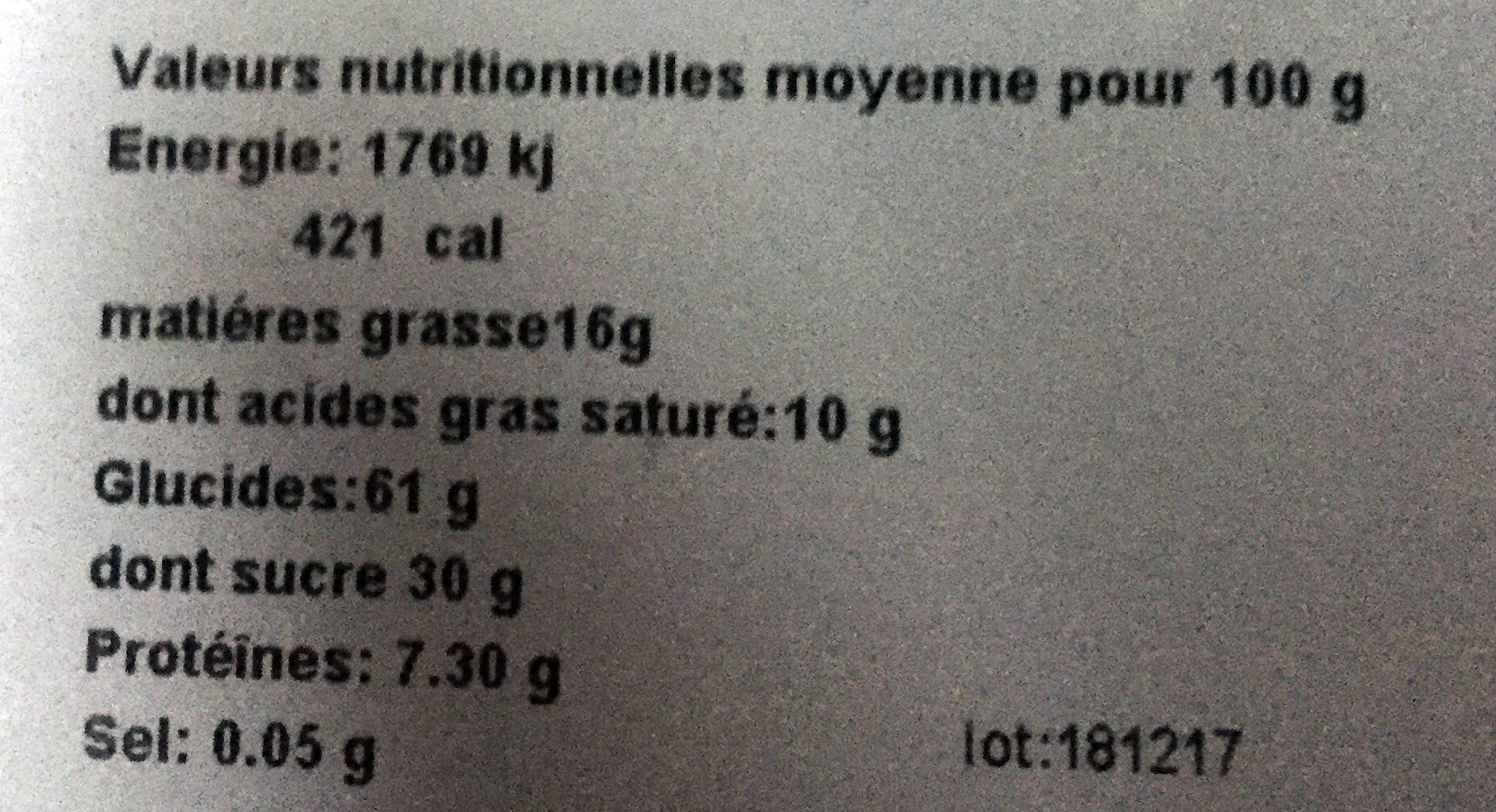 L'authentique - Tarte aux myrtille - Tableau nutritionnel