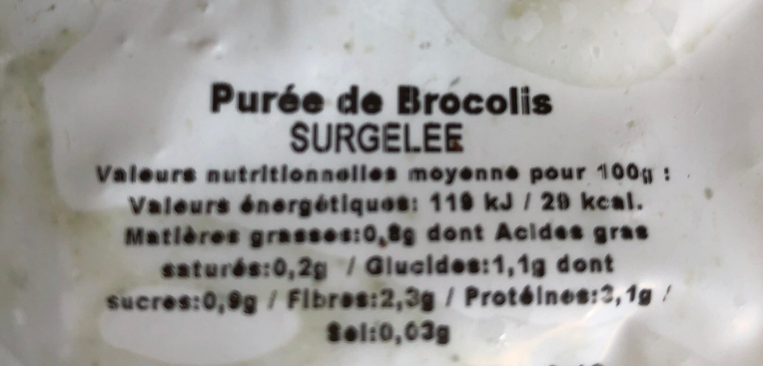 Puree de brocolis - Tableau nutritionnel