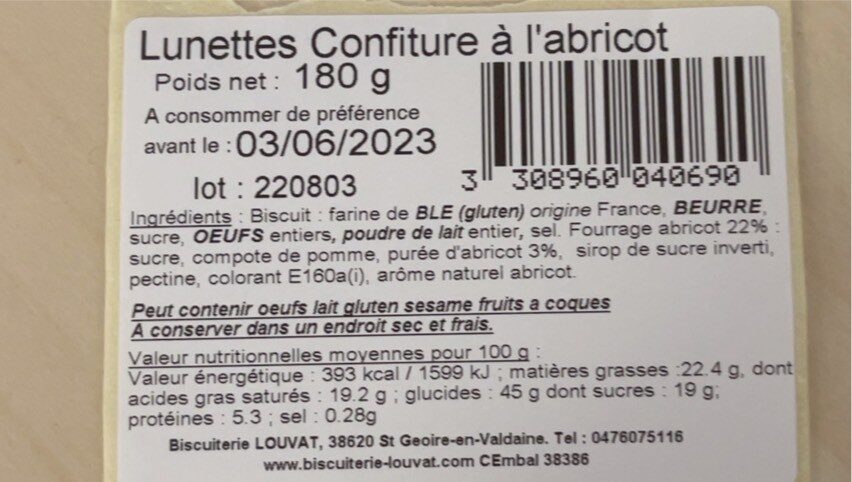 Lunettes abricot - Tableau nutritionnel