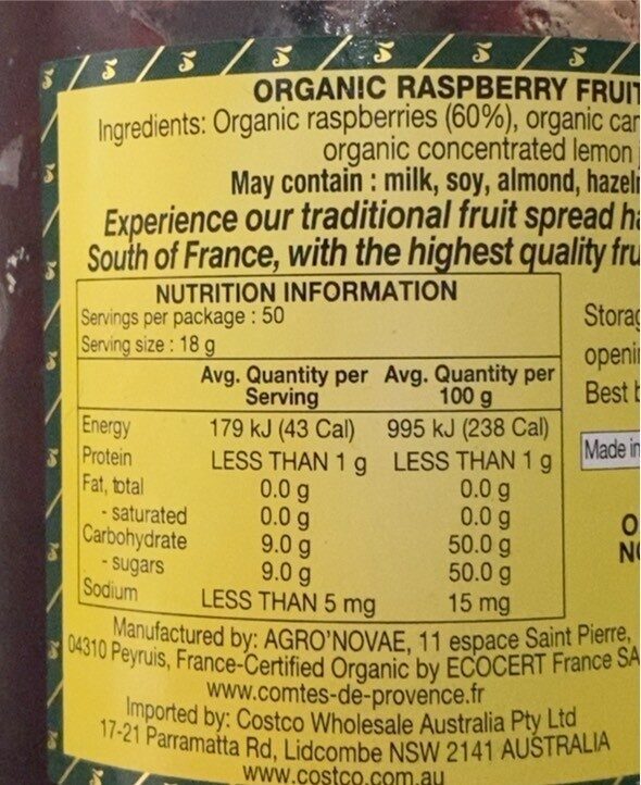 Organic raspberry fruit spread - Nutrition facts