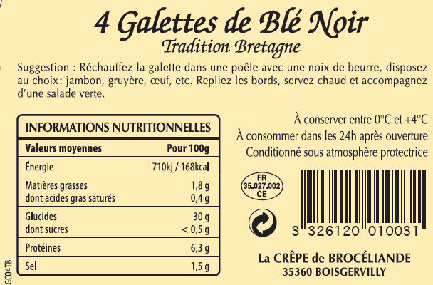 4 Galettes de Blé Noir Biologiques Tradition Bretagne en barquette - Nutrition facts - fr