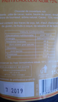 les plaisirs gourmands palets 72% chocolat noir - Voedingswaarden - fr