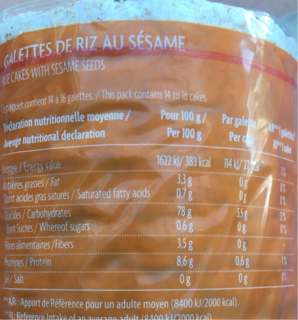 Galette de riz au sésame - Nutrition facts - fr