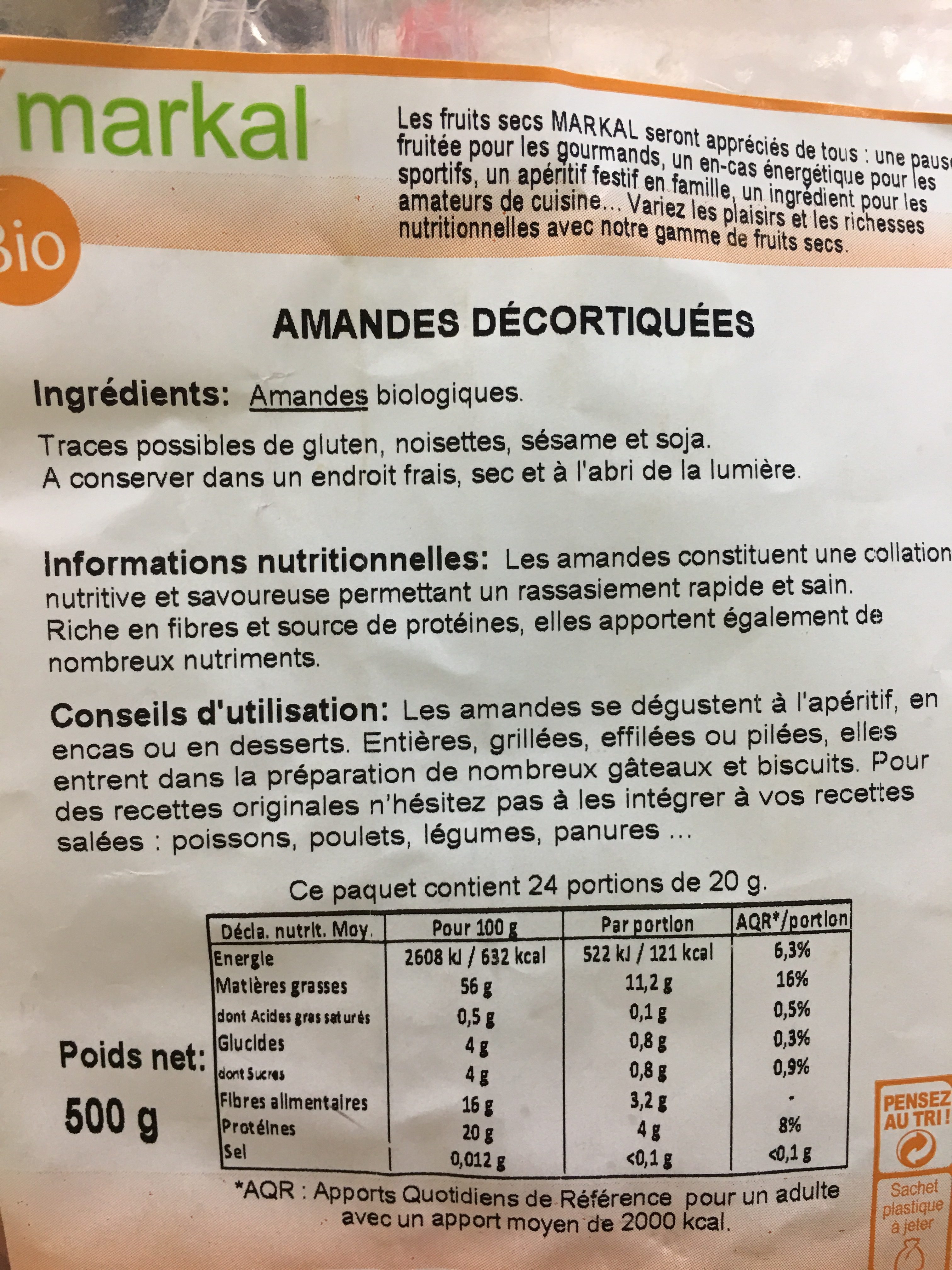 Amandes Décortiquées - 500G - Markal - Ingredients - fr