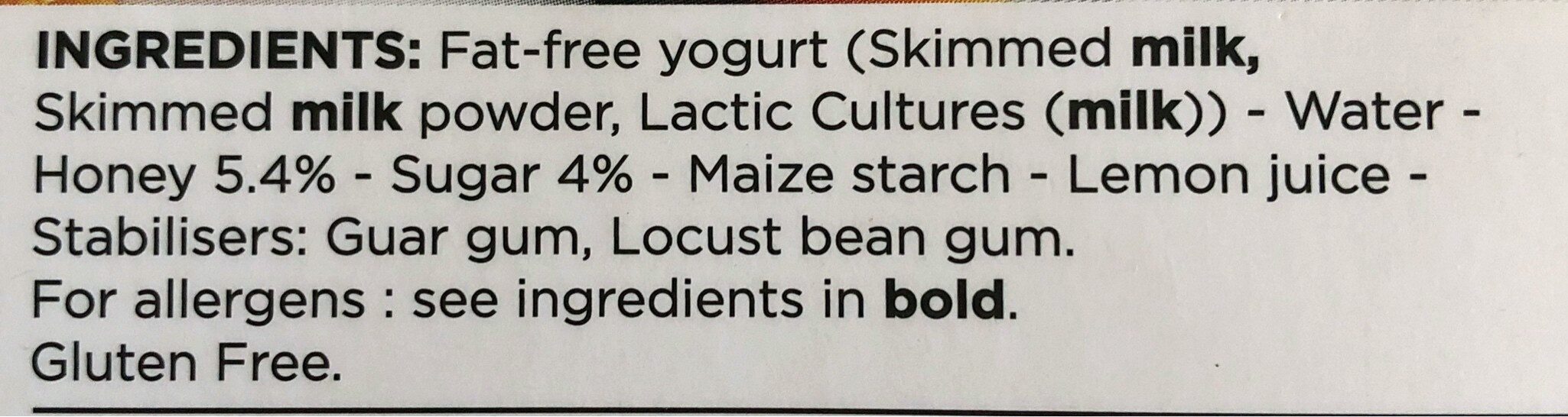 0% Greek Style Honey Yogurt - Ingredients