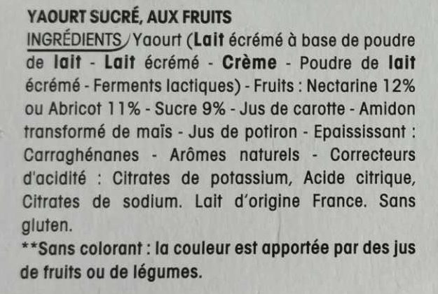 Panier de Yoplait Abricot / Nectarine - Ingrédients