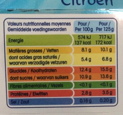 Spécialité laitière sucrée, au citron, aromatisée - Tableau nutritionnel