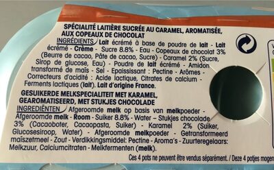 Spécialité laitière sucrée au caramel, aromatisée, aux copeaux de chocolat - المكونات - fr