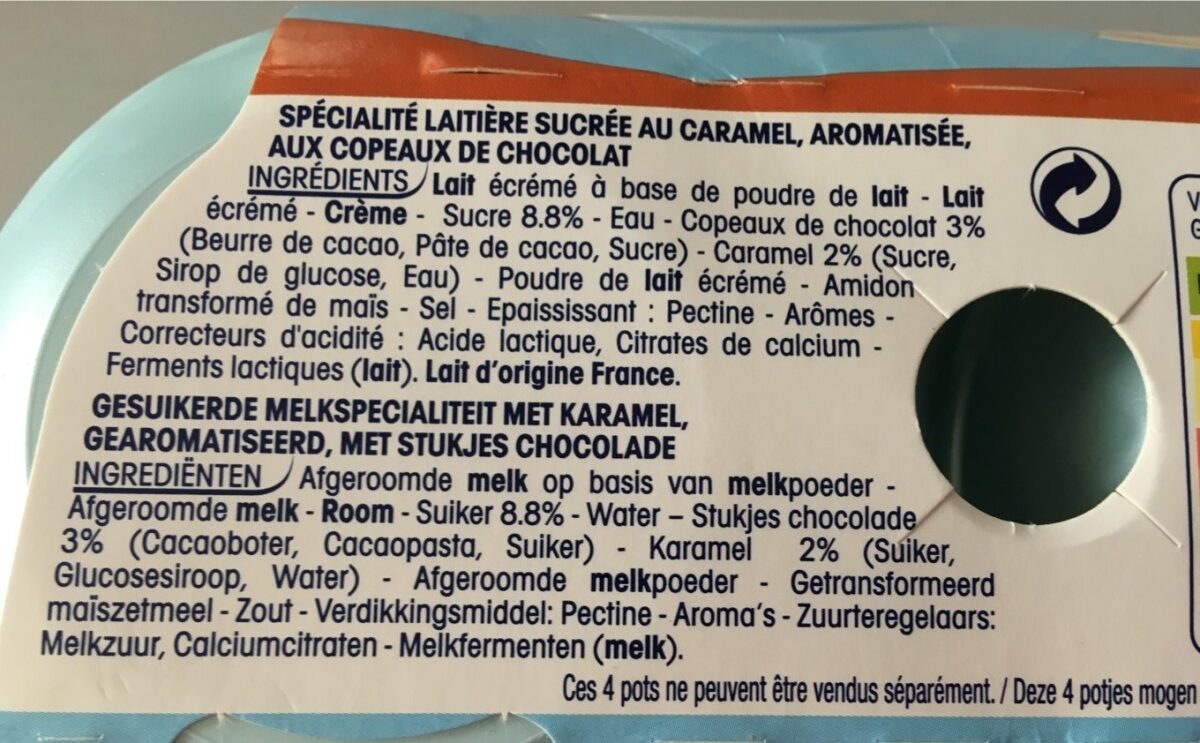 Spécialité laitière sucrée au caramel, aromatisée, aux copeaux de chocolat - المكونات - fr