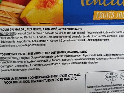 Yaourt 0% mat.gr., aux fruits, aromatisé, avec édulcorants - المكونات - fr