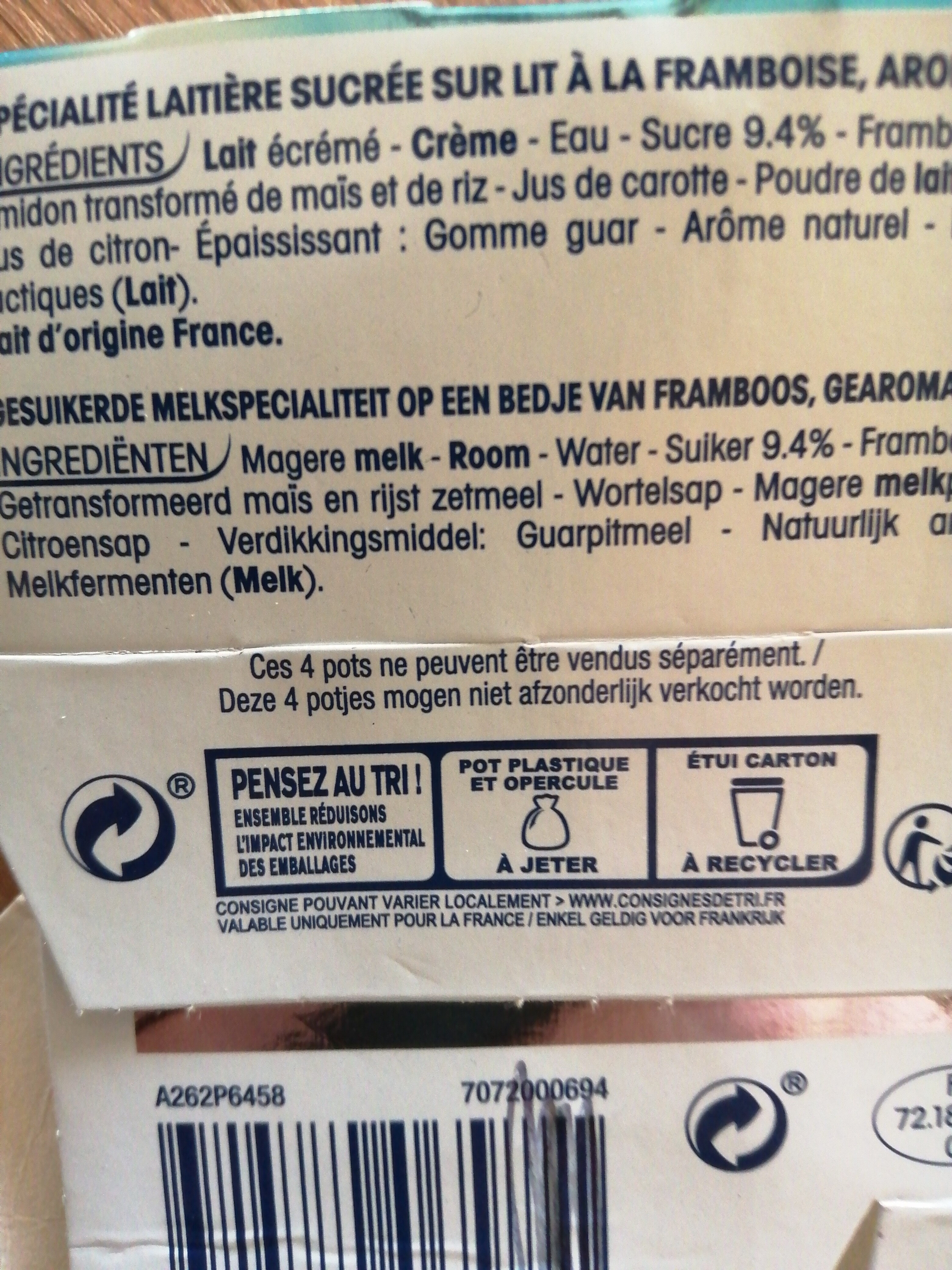 Perle de lait sur lit à la framboise - Instruction de recyclage et/ou informations d'emballage