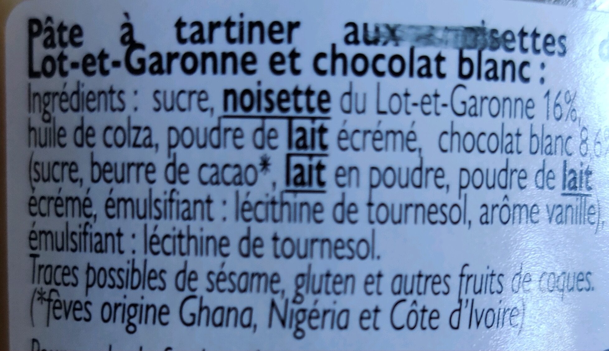 Pâte a tartiner noisettes au chocolat blanc - Ingredientes - fr