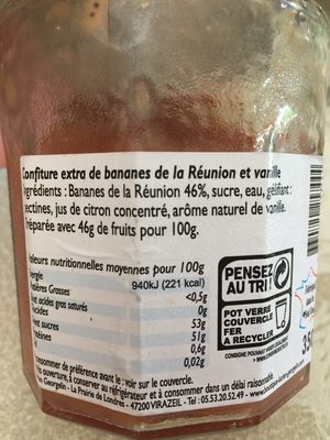 Confiture extra Banane de la Réunion et Vanille - Ingrédients