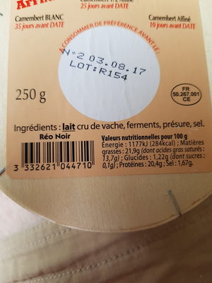 Camembert de Normandie AOP (22% MG) - 250 g - Réo Noir - Ingredients - fr