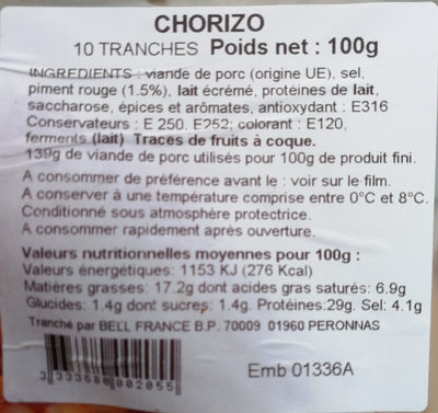 Chorizo - Nutrition facts - fr