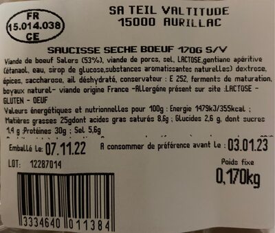 SAICISSE SECHE BOEUF 170G - Product - fr