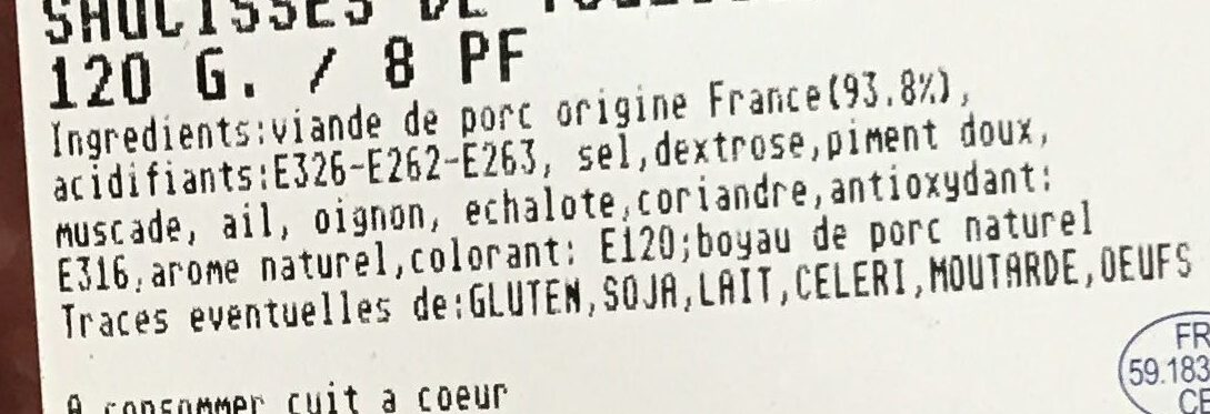 Saucisses de Toulouse - Ingrédients