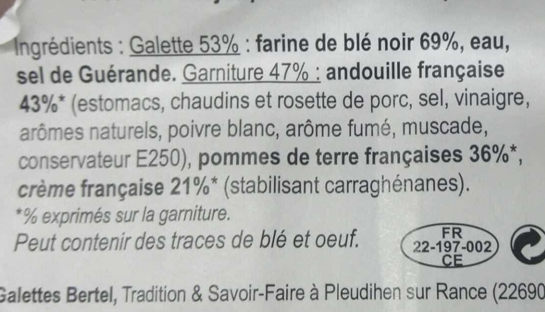 2 Galettes pur blé noir Andouille pommes de terre crème françaises - Ingrédients