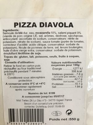 Pizza diavola - Tableau nutritionnel