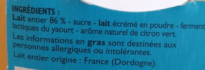 Péchalou, yaourts au lait entier aromatisés 'citron vert' - Ingredientes - fr