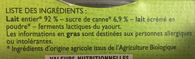 Yaourts Bio Sucre de Canne - Ingrédients