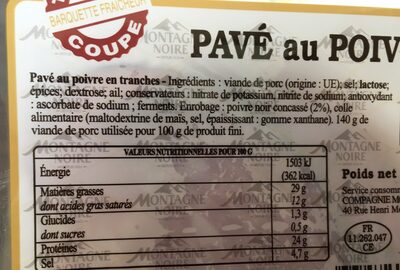 Pave au poivre 6T - Ingredients - fr