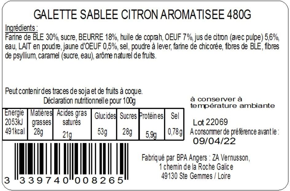 La Galette Sablée Fourrage Citron 480g - Ingredients - fr
