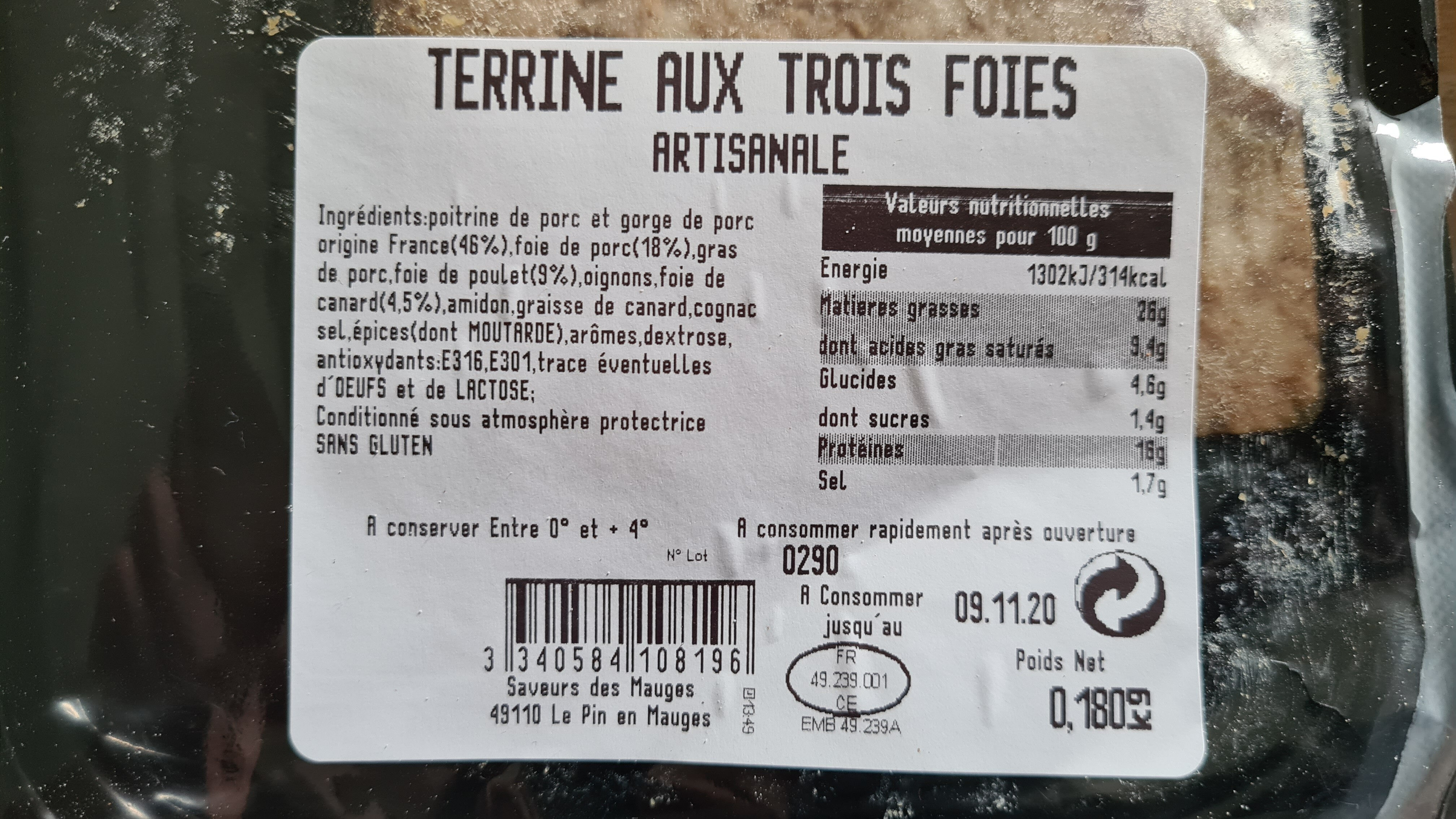 Terrine Aux 3 Foies Saveurs Des Mauges - Ingredientes - fr