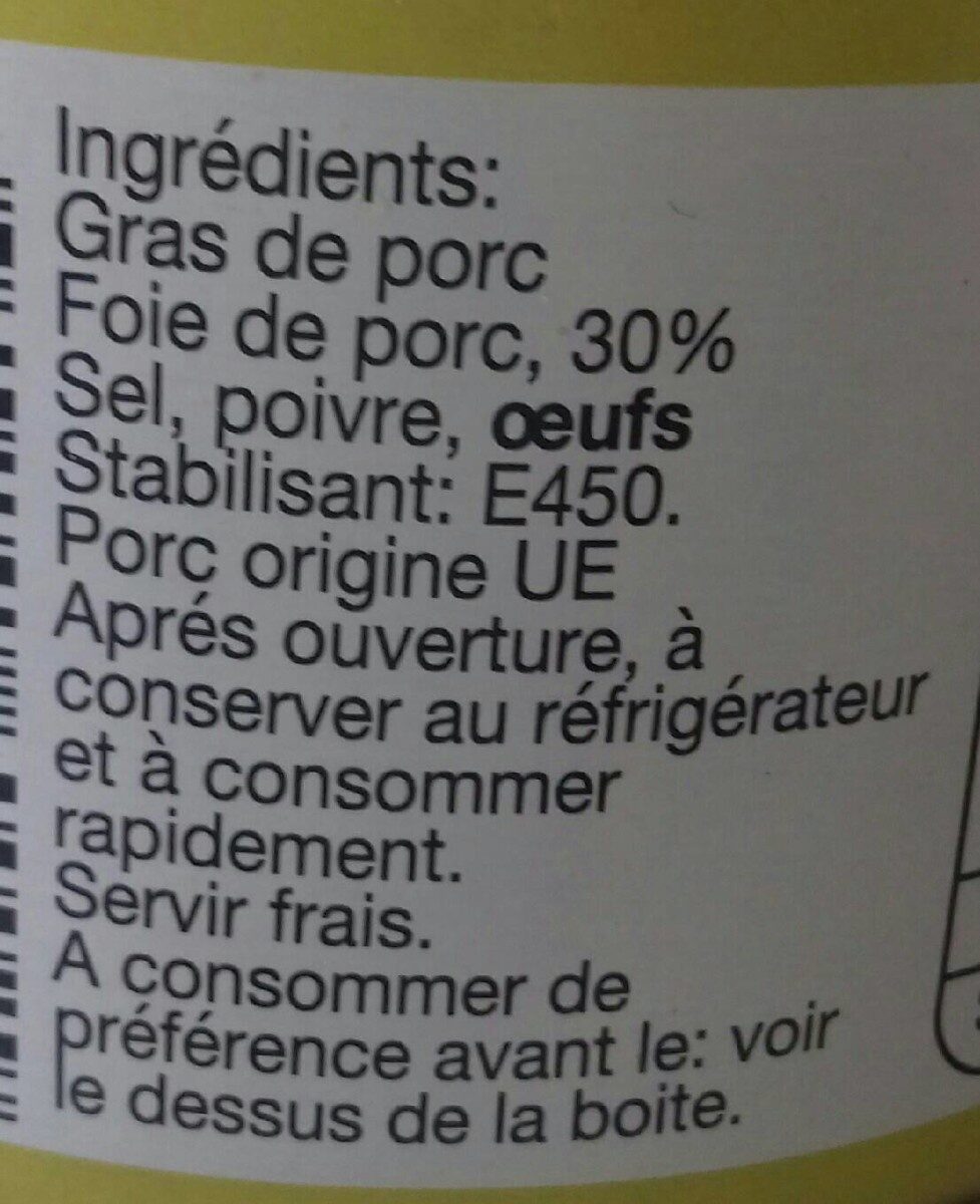 Pate de foie pur porc CABANE - Ingredients - fr